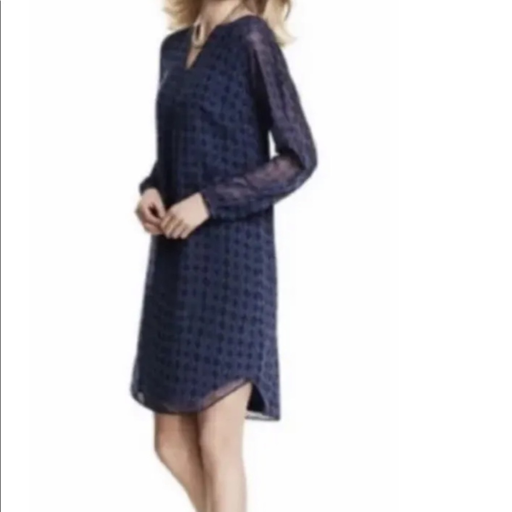 CAbi Navy Sheer-Sleeve Textured Shift Dress